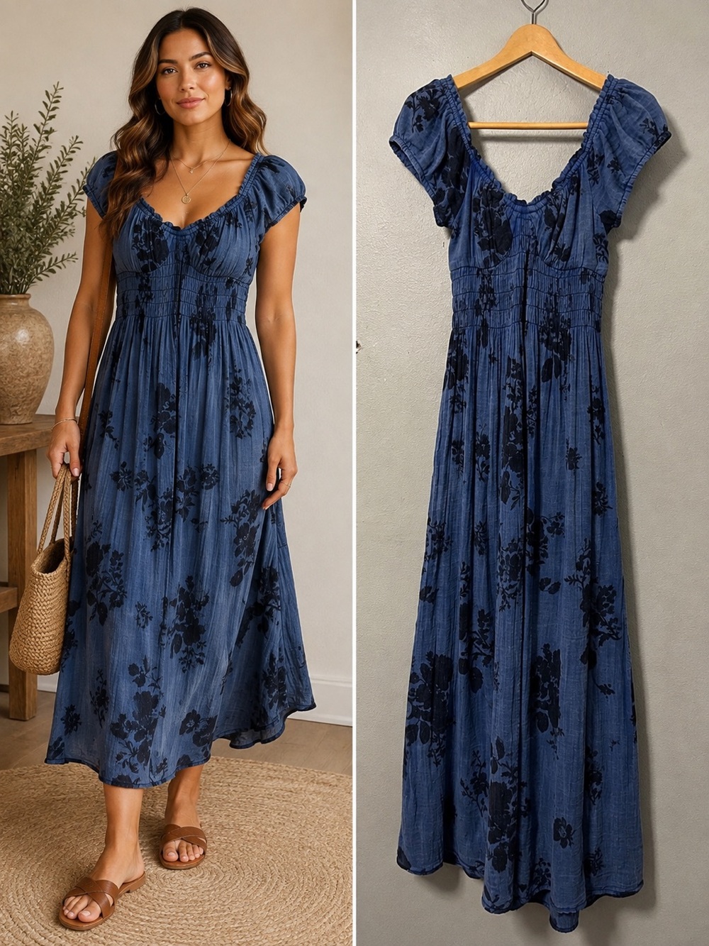 New Free People Forget Me Not Floral Midi Dress Blue Floral Boho Cottage Core XS